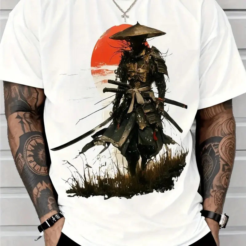 Japanese Samurai Graphic T-Shirt for Big Men - White Cotton Tee with Black Samurai Design, Ideal Casual Wear for Summer, Perfect for Streetwear Style - Great Gift for Anime Fans and Fashion Enthusiasts