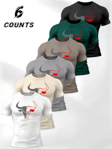 Men's Casual Sports 6-Piece Set, Stretchy Short Sleeve Top, Fashion Block Print, Soft Comfortable Fit, Outdoor Sport & Training Tee