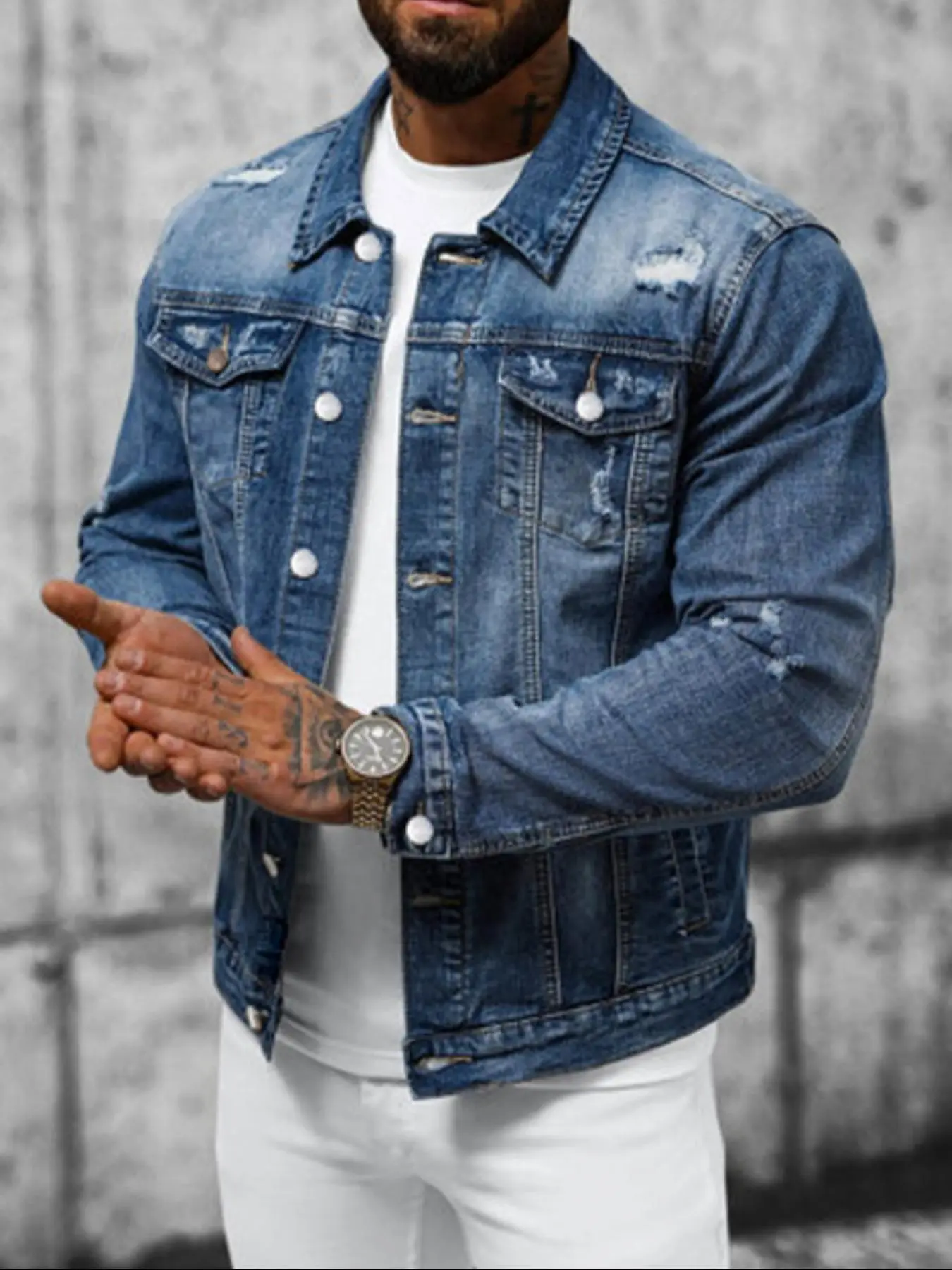 Men's Regular-Fit Washed Distressed Ripped Button-Front Denim Jacket, Casual Fashionable Collared Long Sleeve Outerwear with Pockets, Ideal for Daily Wear, Cotton Fabric