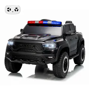 12V Black Kids Ride-On Police Electric Pickup Truck - Remote Control, Rechargeable, 3 Speeds, Spring Suspension, LED Lights, Truck Bed Storage for Toddlers