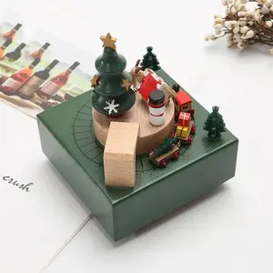 Wooden Christmas Carousel Music Box – Deer, Snowman & Train Scene (Handmade Holiday Gift)