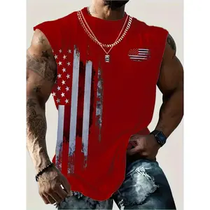 [Flag Print Comfy Tank] Comfy Breathable Flag Print Tank Top - Men's Casual Stretch Sleeveless T-shirt for Summer Gym Workout Training Basketball