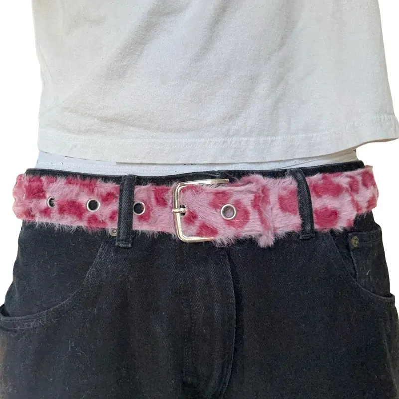 Pink Faux Fur Leopard Print Belt, Unisex Fashion Accessory for Men and Women