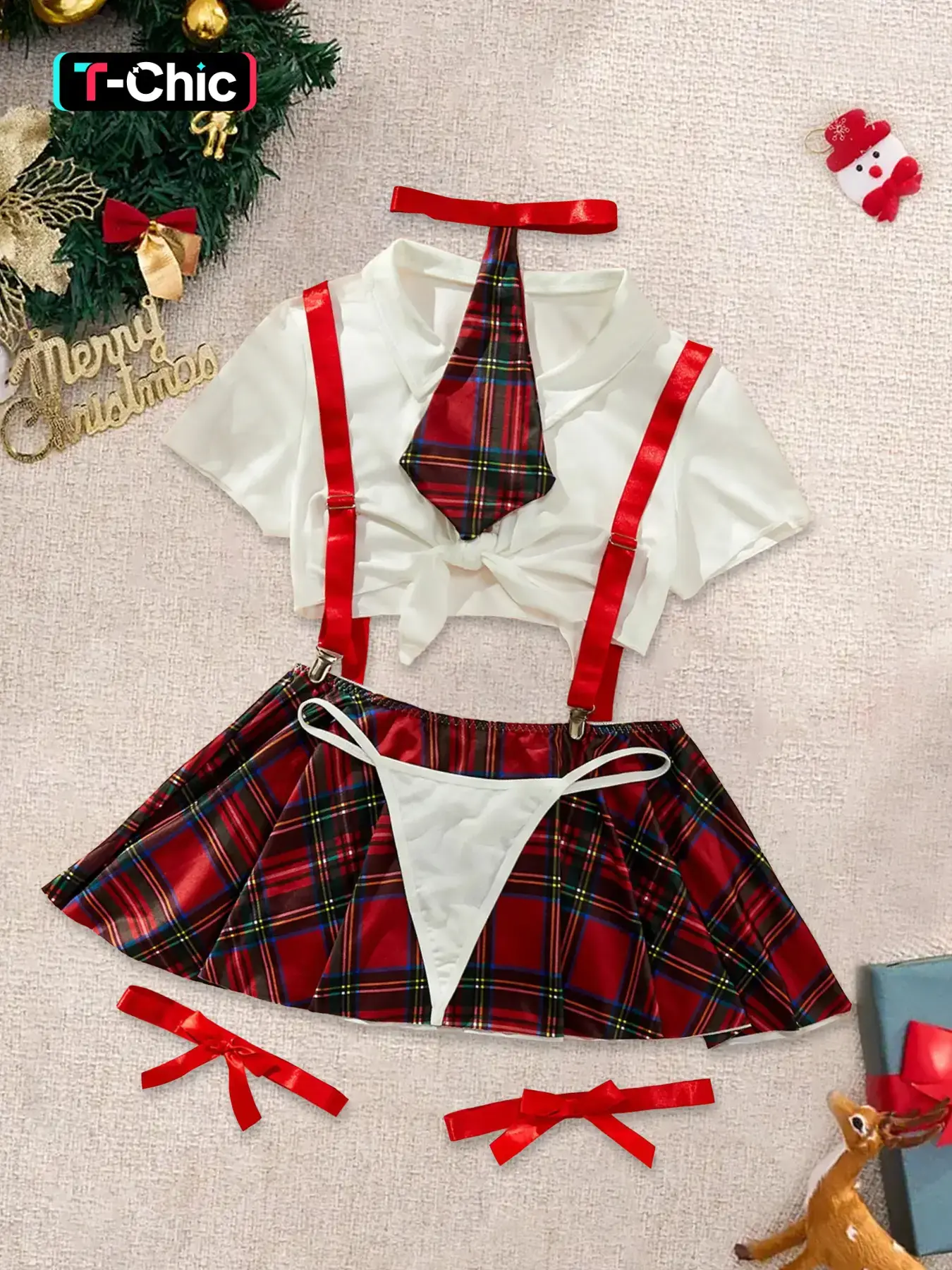 Christmas Sexy Plaid Print Lingerie Set, Includes Crop Top, Leg Straps, Thong, Tie & Skirt with Adjustable Straps, Perfect for Cosplay Costumes