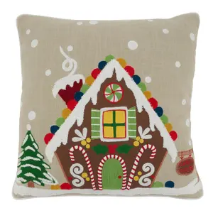 212 MAIN SARO 1171.N18SP 18 in. Square 100% Cotton Gingerbread House Throw Pillow with Poly Filling, Creative Decorative Cushion, Durable Cushion, Christmas Vibe Natural Material Seat Accessory, Durable Cushions
