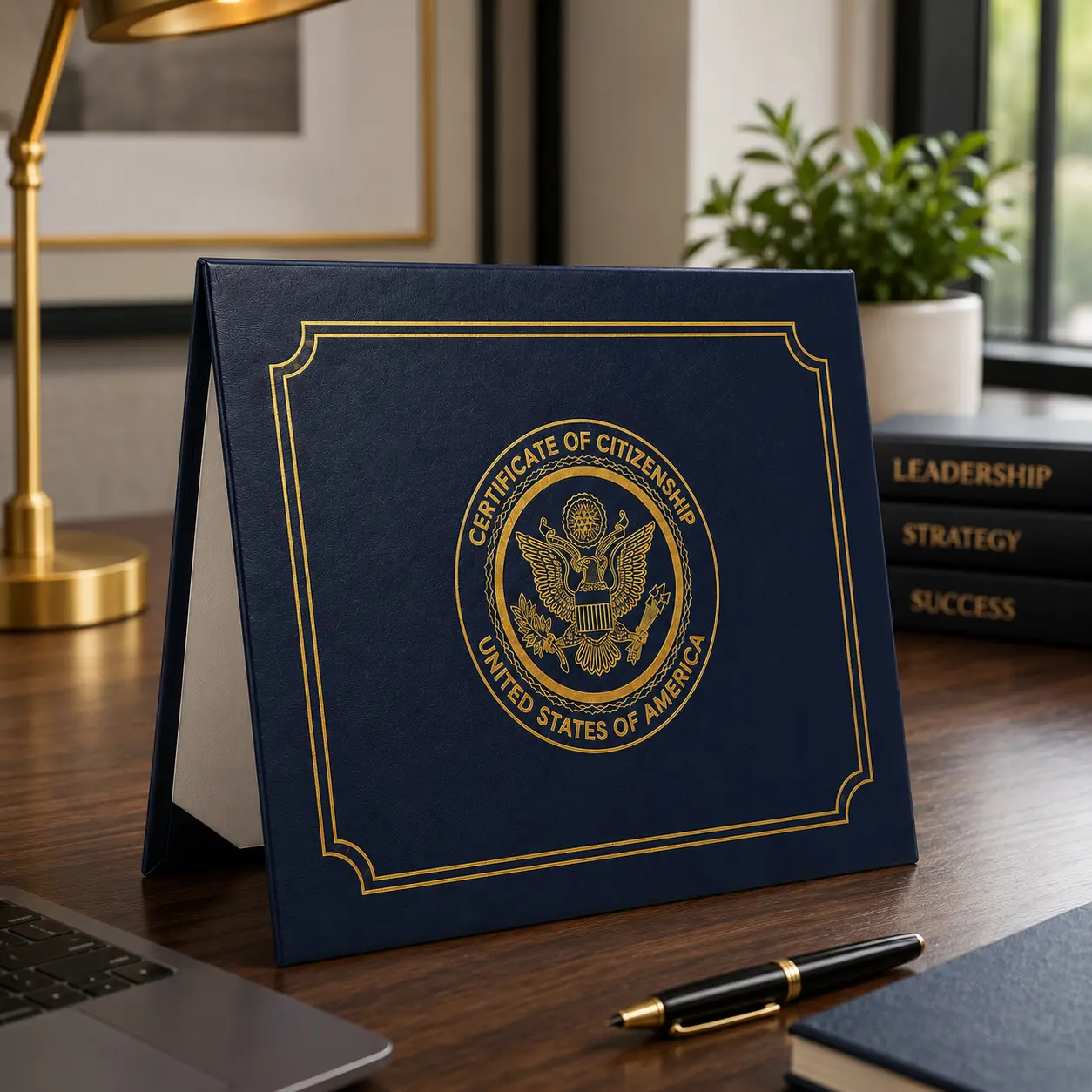 US Citizenship Certificate Holder, Navy PU Naturalization Case with Gold Foil Embossing, Padded Protection, Faux Leather Corner Tabs, Dustproof Elegant Design for 2018-2026 Standard Size Certificates, Congratulatory Present for New Citizens