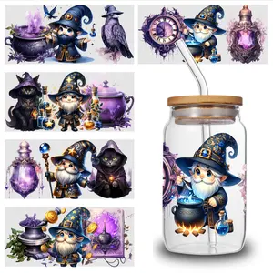 5 Sheets Magic Wizard UV DTF Stickers UV DTF 16oz Libbey Cup Wraps - Waterproof, Scratch-Resistant DIY Decals with 3D Crystal Effect, Self-Adhesive Transfer Paper for Cup Decoration, Floral & Bird Design