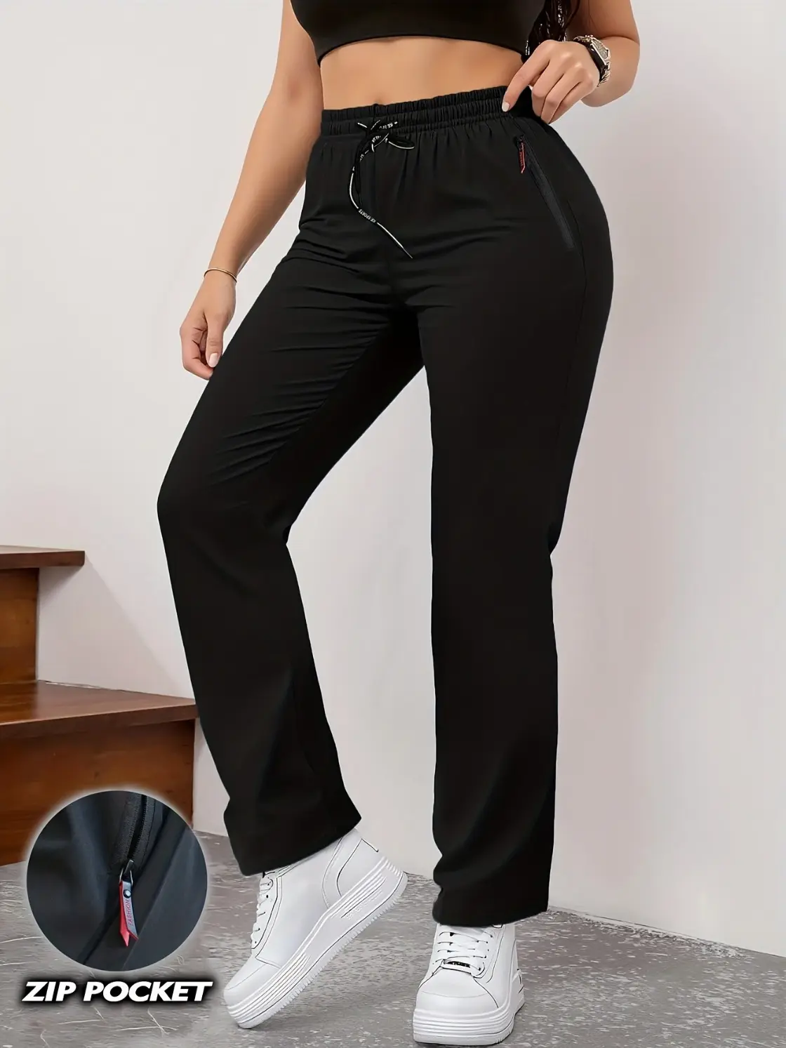 Women’s elastic drawstring straight-leg athletic pants with zippered pockets, quick-dry casual outdoor trousers