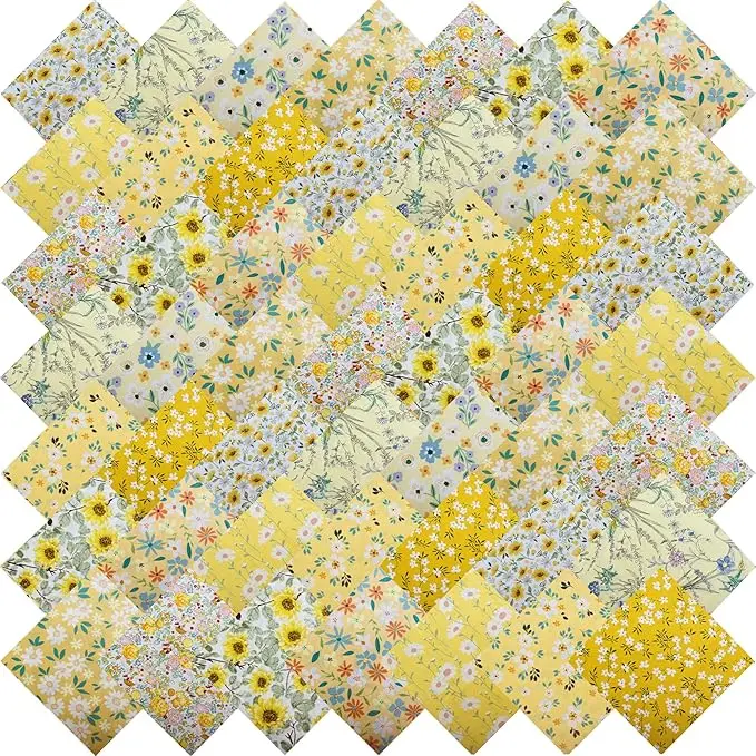 5"x 5" 50 PCS 100% Cotton Floral Fabric Squares Bundles Quilting Supplies for Sewing DIY & Quilt Beginners— Yellow Floral