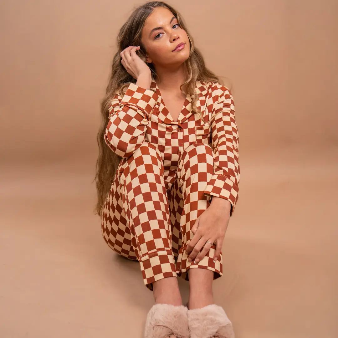 Cozy Ups Catherine Neutral Brown Checkered Long Sleeve Pajama Set