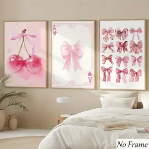3-Piece Cherry Bow Canvas Art Set, Cute Girls Bedroom & Dining Room Decor, Unframed Indoor Wall Decoration, Floral Wall Art