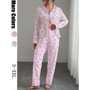 Women's Christmas Pajama Set, Fitted Long Sleeve Shirt & Elastic Pants, Soft Stretchy Fabric, Casual Comfy Pajama, Casual Home Wear for All Seasons