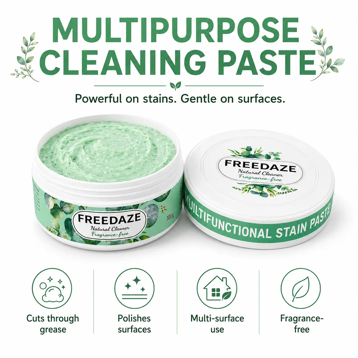 FREEDAZE Multi Purpose Abrasive Cleaning Paste (300g) - Scented Home Care Supply, Paste Form Grease Dirt Remover, Anti-Stain Gunk Cleaner with Sponge for Stovetop, Oven Surface Cleaning