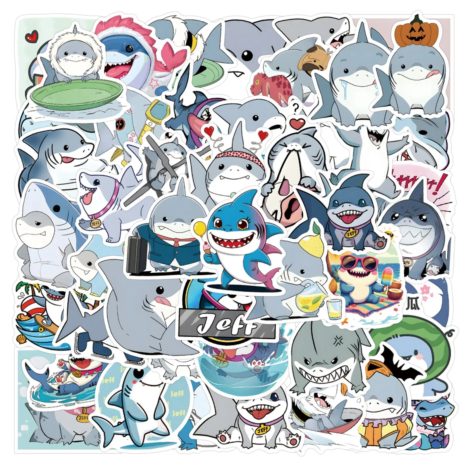 53 Pieces Shark Design Jeff the Land Shark Graffiti Stickers, Waterproof Luggage Cup Stickers, Fun Decorative Decals for Travel Accessories, Travel Friendly Stickers, Ocean Stickers, Sticker Set