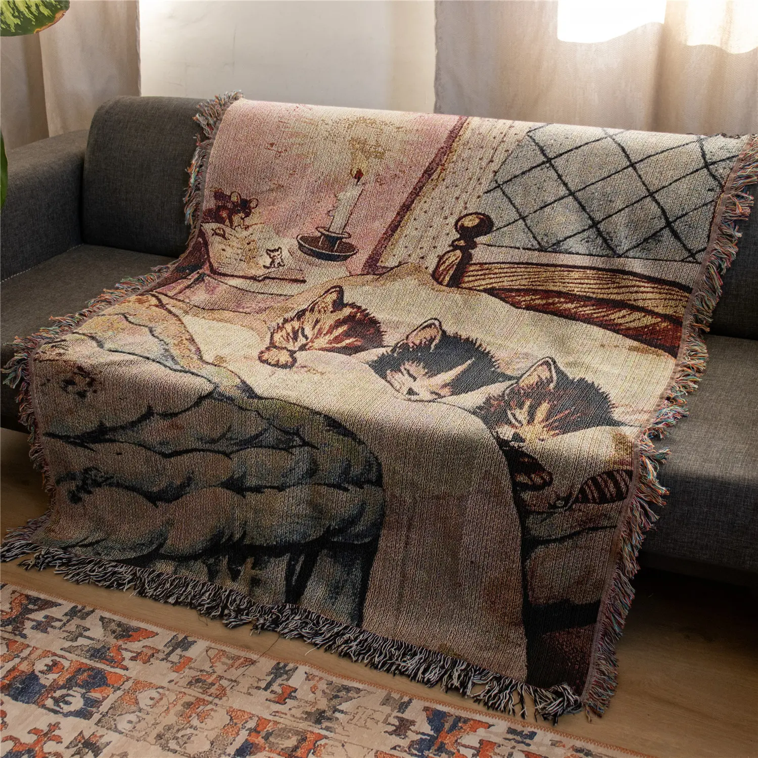 Three kittens Pattern Bohemian Yarn Jacquard Woven Blanket with Tassel, Boho Style Blanket, Thick Soft Washable Blanket, Soft Cozy Blanket, Used for Home Decor Sofa Chair Bed Tapestry Tablecloth Floor Garden Picnic Outdoor Camping