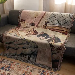 Three kittens Pattern Bohemian Yarn Jacquard Woven Blanket with Tassel, Boho Style Blanket, Thick Soft Washable Blanket, Used for Home Decor Sofa Chair Bed Tapestry Tablecloth Floor Garden Picnic Outdoor Camping