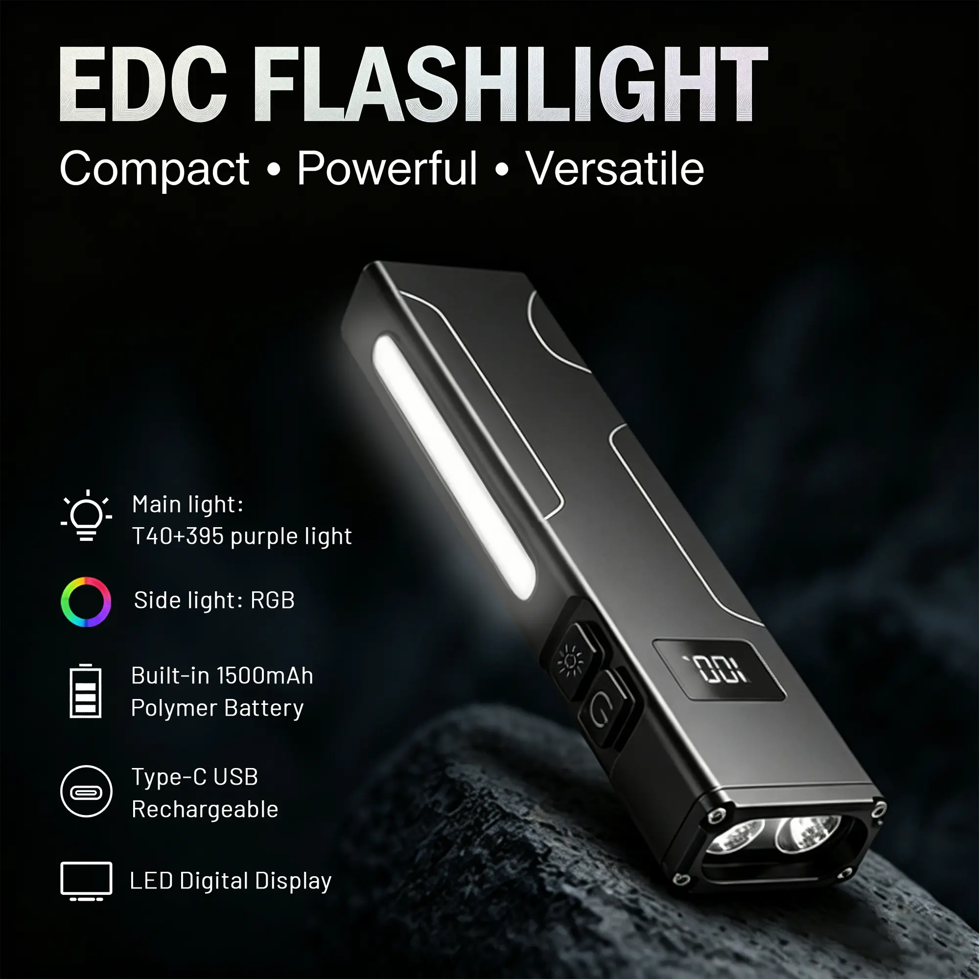 EDC Rechargeable LED Pocket Flashlight - High Lumens Tactical Torch with 1800 Lumens, 9-Mode Brightness, IPX4 Waterproof Zoomable Design, Portable EDC for Camping, Hiking, Light Outdoor Use, No More Dead Batteries