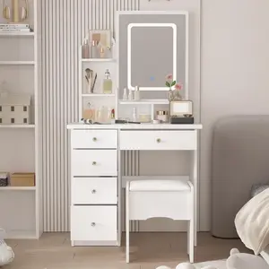 FUFU&GAGA Upgrade Crystal Handle LED Makeup Vanity Set with Drawer Shelf Lighted Mirror & Jewelry Organizer White 31.5W x 15.7D x 55.1H Modern Finish Large Storage Space