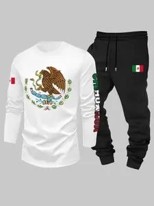 Men's Spring & Fall Round Neck Long Sleeve Tee and Sport Pants Set, Eagle Print Design, Casual Fashion, Daily Commute, Light Sports, Tracksuit Sets