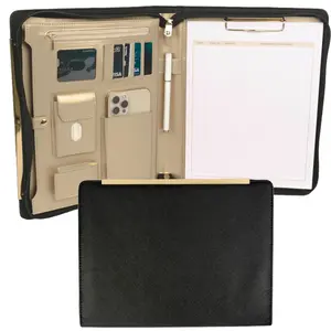 BLU Monaco Vegan Leather Portfolio Binder for Women - Professional Padfolio Organizer with Gold Trim, Zippered Business Case for Documents, Black, Brown, or Peach Beige - 10.5" x 1.5" x 12.6" - Office Supply Kit