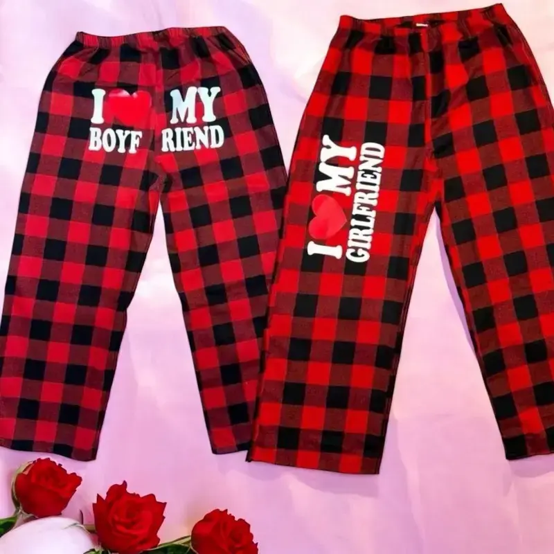 I Love My Boyfriend/Girlfriend Pajama Bottoms-Matching Couples Pajama Pants - Valentine's Day Red Plaid Gift for Him & Her