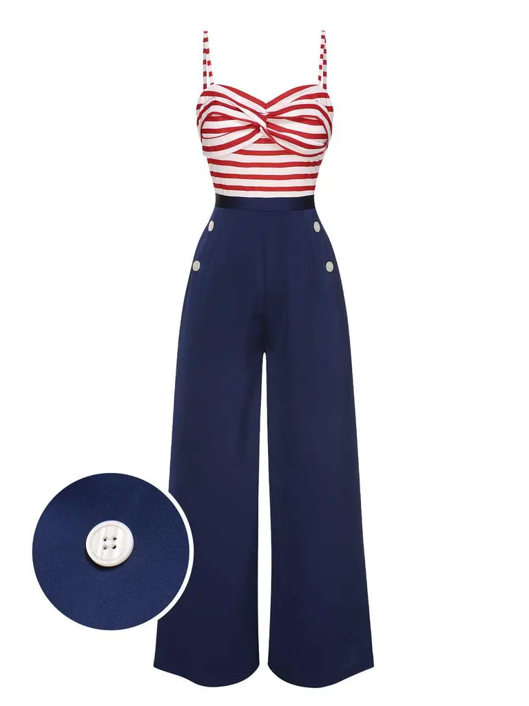 RETRO STAGE Women's Chic 1930s Striped Spaghetti Strap Overall Jumpsuit, Elegant Casual Ankle-Length Polyester Outfit, Striped Top, 1930S Retro Vibe, Jumpsuits For Women, Back Zipper, Dry In Shade