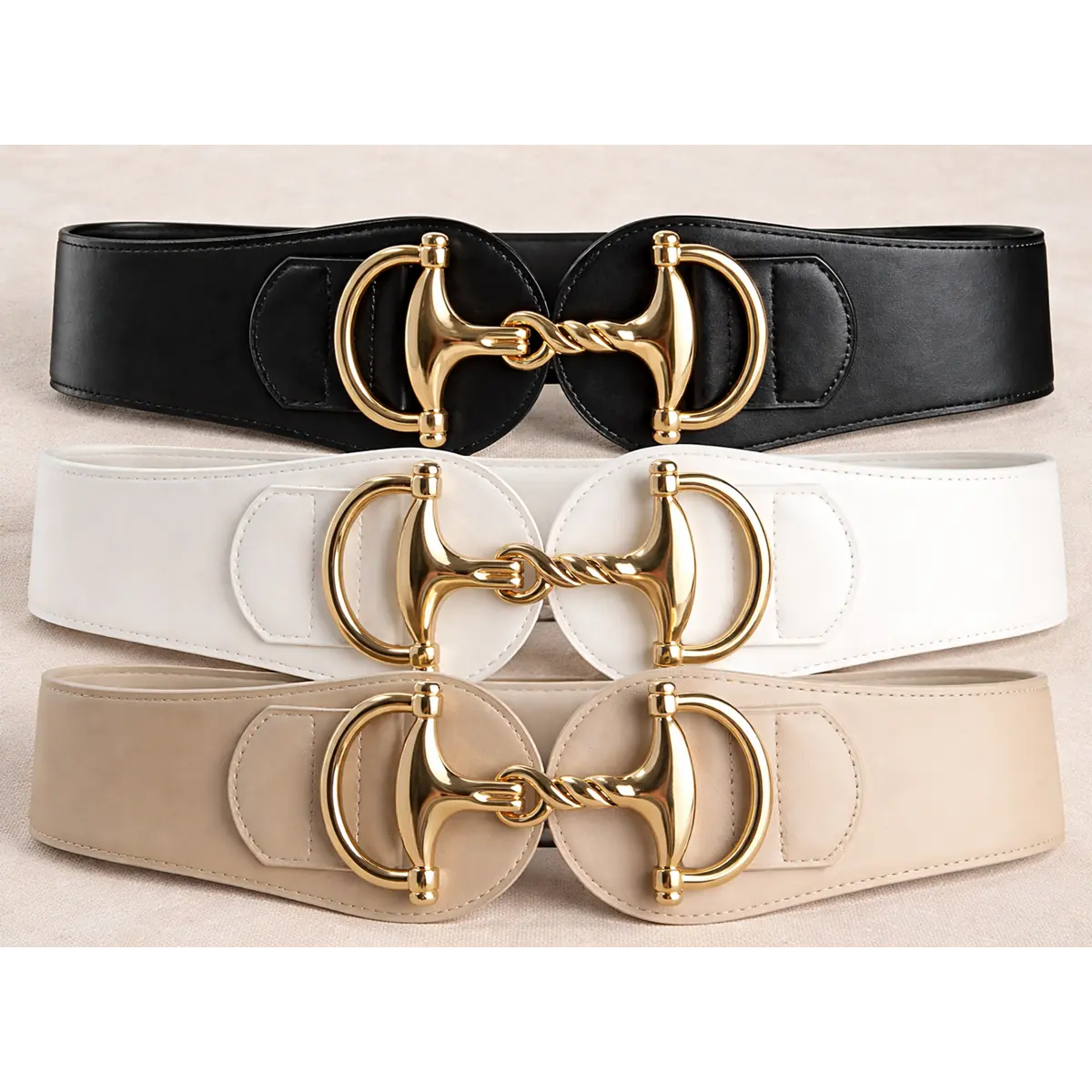 Wide Waist Belt with Gold Horsebit Buckle