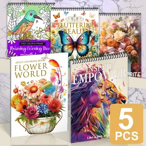 5-Pack Adult Coloring Book Set, Butterfly Coloring Book - Anti-Stress Inspire Coloring Books with Designs of Flowers, Butterflies for Relaxation & Stress Relief - Perfect for Holidays like Christmas - Spiral Bound