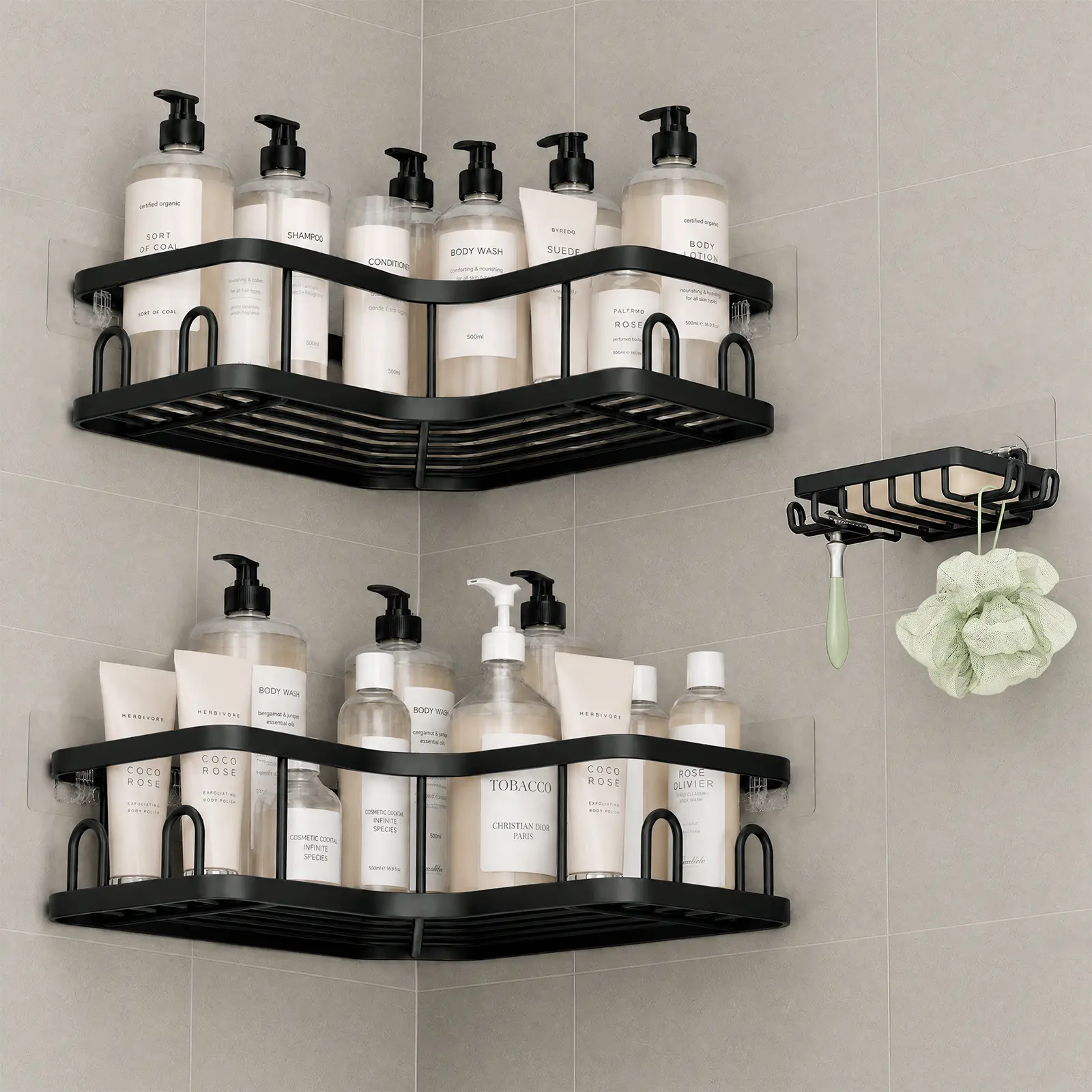 【Veken】 Corner Adhesive Shower Caddy 3-Pack with Soap Holder&Hooks 【Veken】 Corner Adhesive Shower Caddy 3-Pack with Soap Holder&Hooks