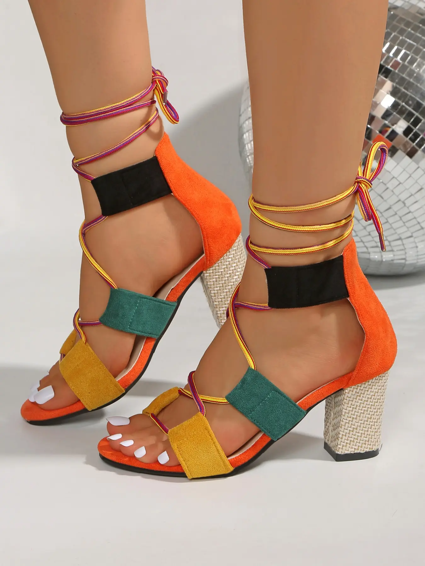 Fashionable women's high-heeled Ankle Strap Multi Strap sandals with unique color blocks and colorful lace up design, comfortable shoes suitable for special occasions and outings