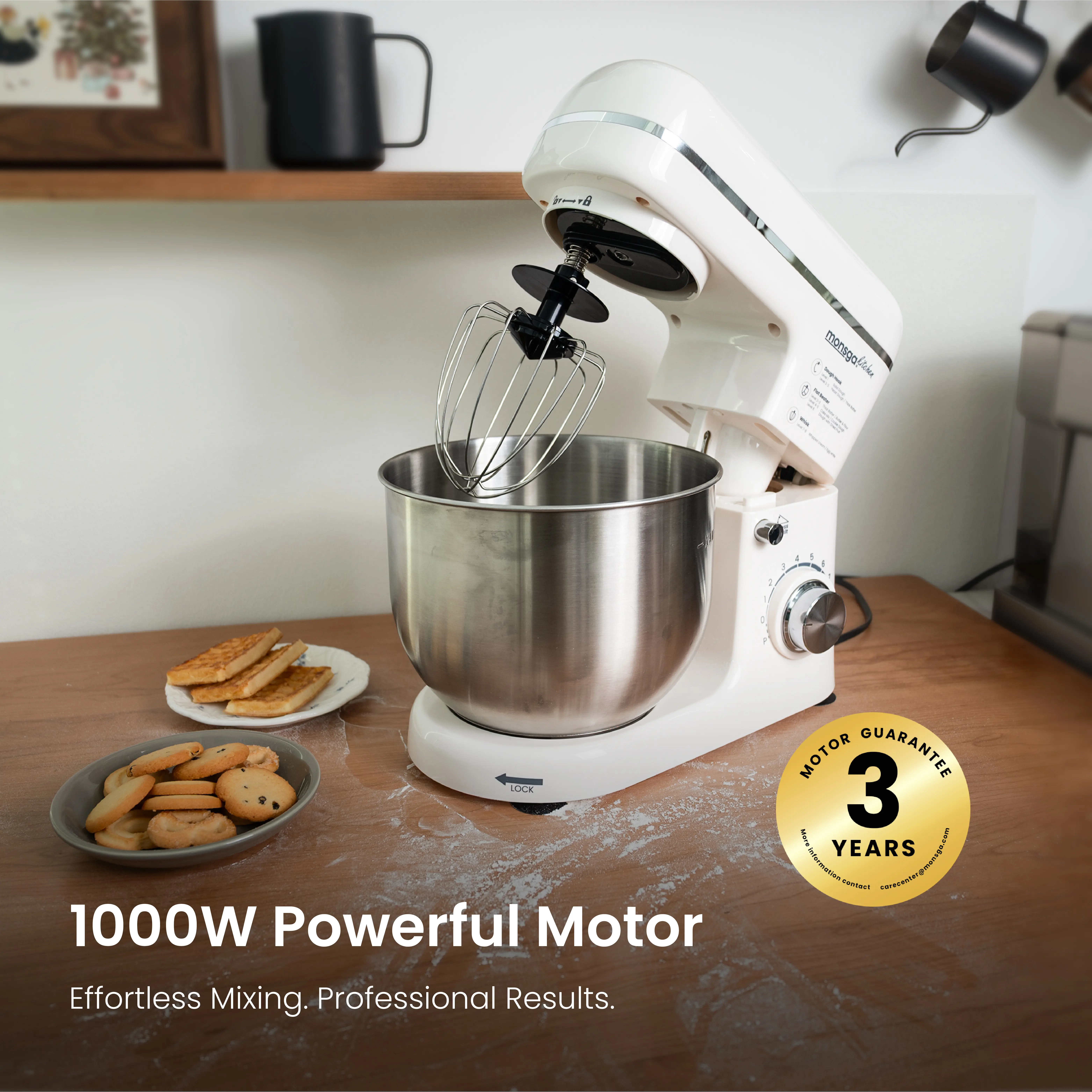SM100 Stand Mixer White, 1000W 6.0L 8-Speed Tilt-Head, TÜV Certified Kitchen Mixer with Dough Hook/Whisk/Beater, PTFE Non-Stick Coating, 3-Year Warranty for Bread/Pizza/Cake SummerVibes