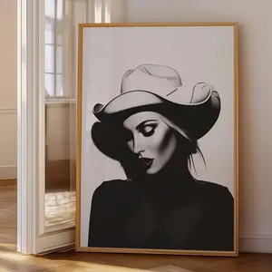 Retro Halftone Cowgirl Print Bold Black & White Trendy Modern Chic Decor Western Aesthetic Wall Art Luxury Fashion Poster