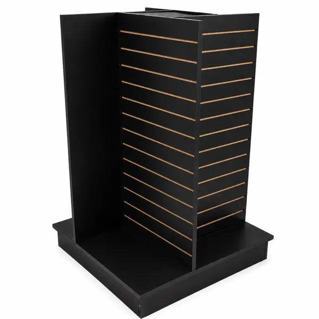 Only Hangers 4-Way Slatwall Merchandiser Freestanding Floor Display Unit 54" H x 36" L x 36" W Four-Sided Retail Display Tower for Stores Boutiques and Trade Shows Black White Maple