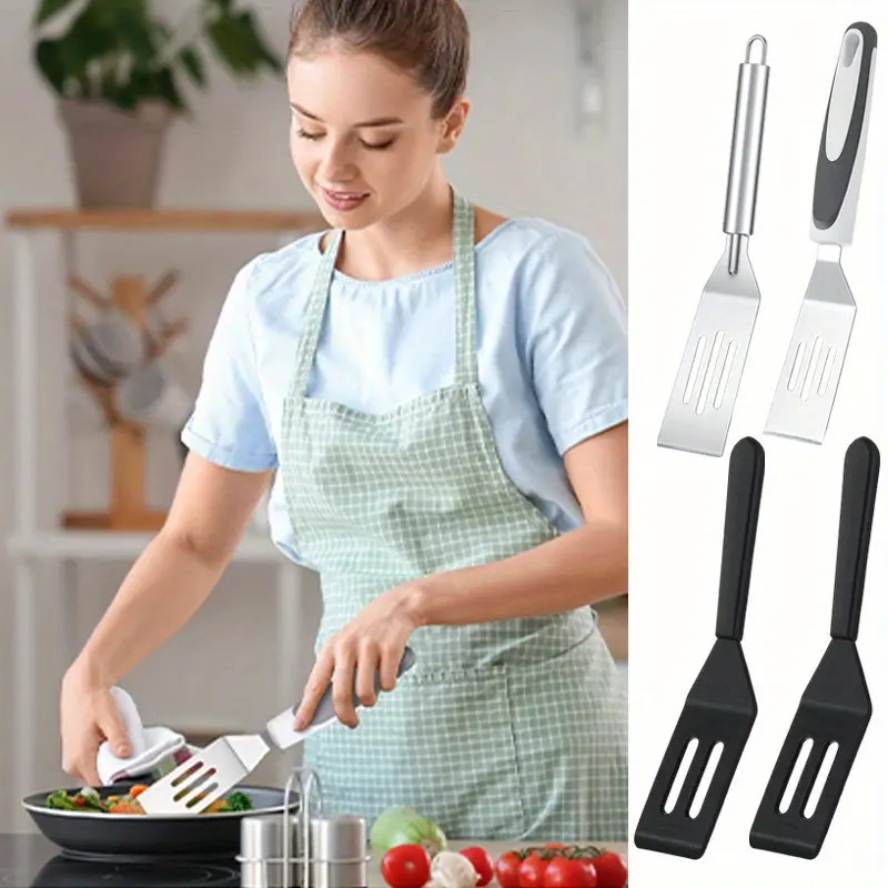4-Pack Compact Mini Slotted Turner Spatulas Set - Stainless Steel & Silicone Kitchen Utensils with Elegant Hanging Handles for Nonstick Pans, Flipping Pancakes, Compact Set