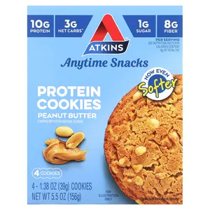 Atkins Anytime Snacks, Protein Cookies, Peanut Butter, 4 Cookies, 1.38 oz (39 g) Each