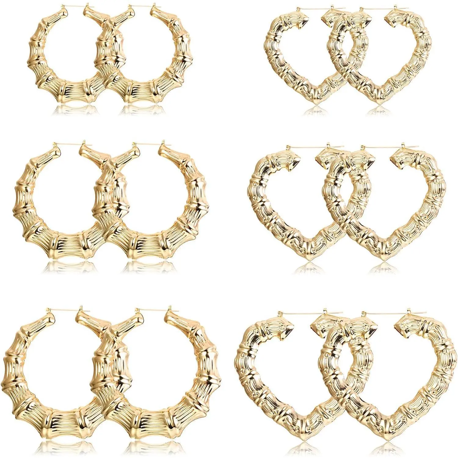 MILACOLATO 6Pairs Bamboo Earrings Set Hollow Casting Hip-Hop Large Bamboo Earring for Women Oversize Different Shape Hoop Earrings Set Fashion Rapper Accessories Jewelry Daily