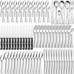 80 Pieces Silverware Set with Serving Utensils Set, Stainless Steel Flatware Set for 12 with Steak Knives, Heavy Duty Cutlery Set Kitchen Utensil Sets for Home , Silverware set Flatware set Premium silverware Kitchen utensils set utensils Tableware
