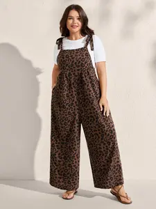 Women's Plus Size Long Sleeveless Animal Leopard Print Jumpsuit, Loose Wide Leg Pants with Pockets and Adjustable Knot Straps, Summer Casual Date Style