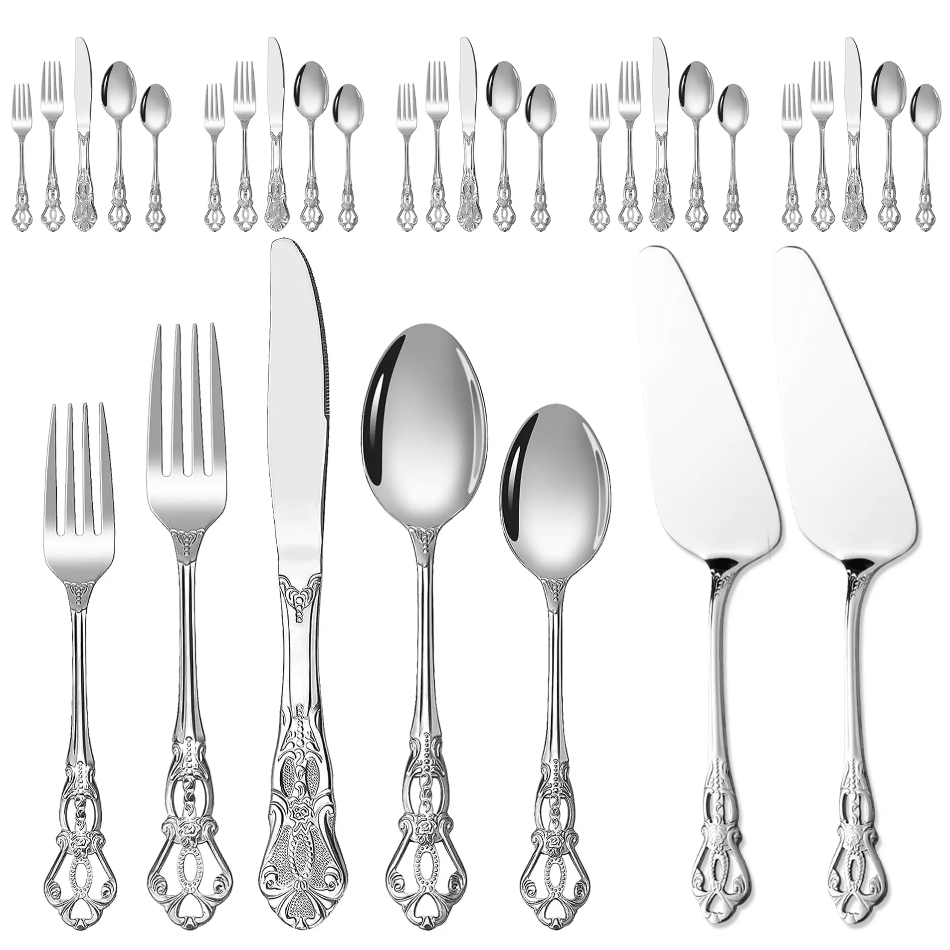 Vintage Baroque Style Cutlery Set, Utensils, Tableware Set, Dinnerware Service Set, 21/32 Pieces, Stainless Steel Knife Fork Spoon Cake Server, for 4-6 People, Christmas Thanksgiving Party Use