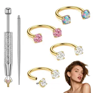 18G Titanium Steel Nose Rings Set – Internally Threaded Horseshoe Hoop with Gems, Surgical Grade, Includes Insertion Tool