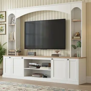 ARCH [Assembly Video] Elegant Arched Entertainment Center Wall Unit with Bookshelf, Farmhouse TV Stand with Wood Grain for TVs Up to 70", 91inch Media Console with Adjustable Shelves for Living Room, White