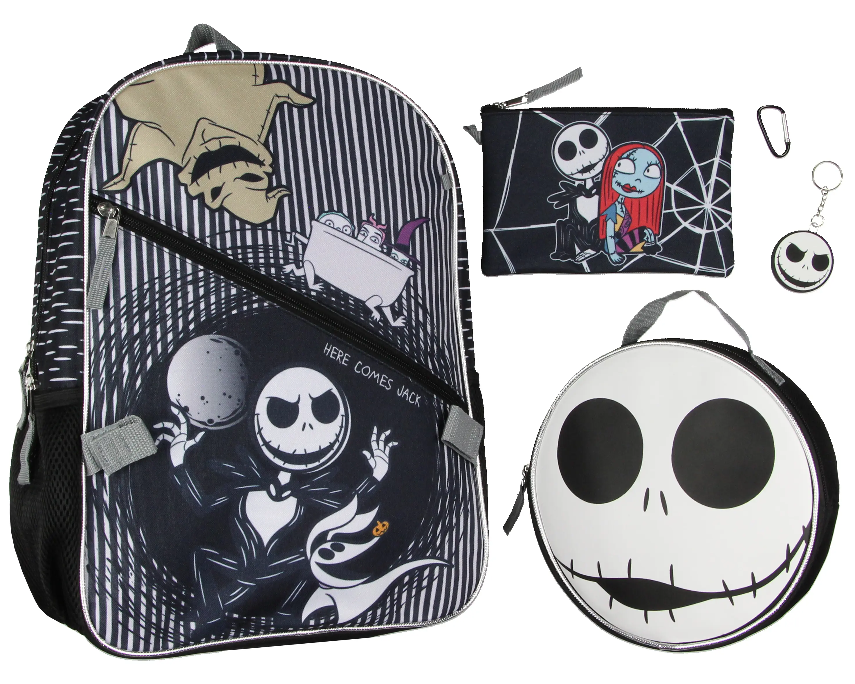 Disney Nightmare Before Christmas Jack Skellington 5 Pc Backpack Set With Lunch Box Pencil Case Carabiner And Keychain 16", Insulated Lunch Box