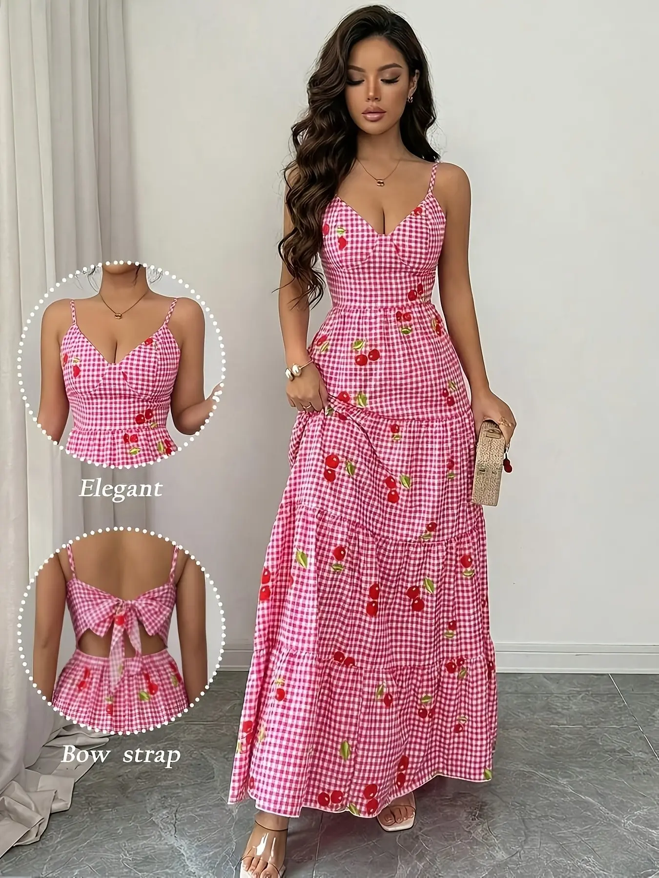 Women's Summer New Fashion Elegant Plaid Bow Tie Waist Cinch Multi-Layer Long Strapless Dress, Stylish and Comfortable Design, Elegance, Womenswear, Casual Elegant Dress