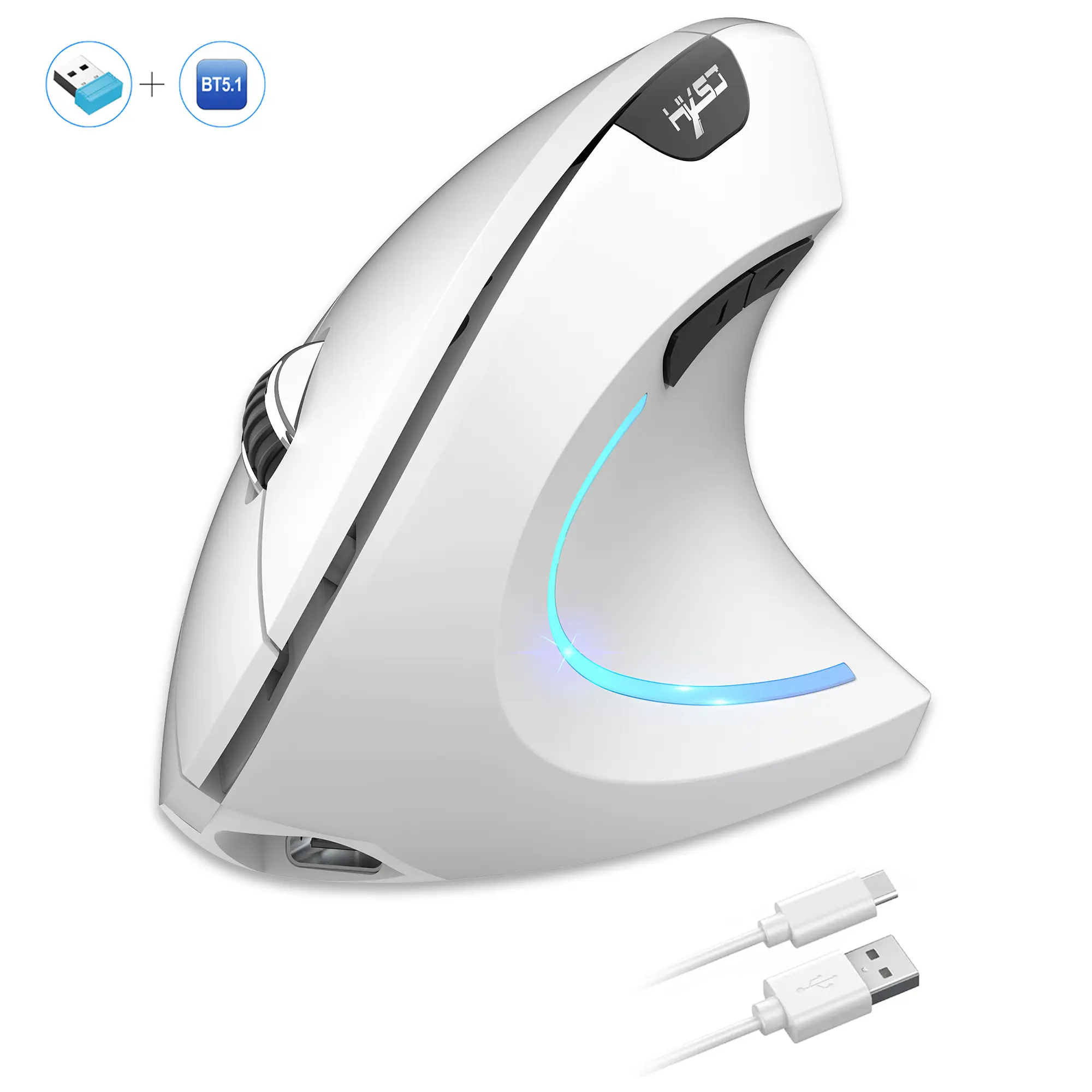 HXSJ New Arrival Dual-Mode Ergonomic Vertical Mouse, 600mAh Rechargeable, 2400DPI, Type-C Interface, Bluetooth Wireless, ABS Material for PC Gamers