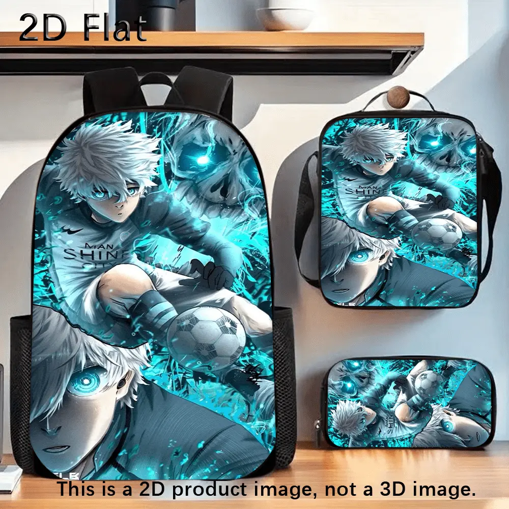 Kids' Blue Lock Backpack Set, Nagi Seishiro Anime Graphic 3-Piece Oxford Cloth School Bag with Large Capacity, Insulated Lunch Bag & Pencil Case, Anime Style, Daypack, Zipper, Genius Striker Vibe, Hand Wash Only, Adjustable Strap, Anime Soccer