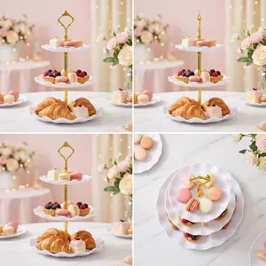 sebastian CADIA, 3 Tier Round/Square Dessert Cupcake Stand, PlasticTiered Serving Tray with Metal Rod,Suitable for birthday parties, Christmas, Mother's Day graduation ceremonies, dessert table decorations, White/Pink/Black