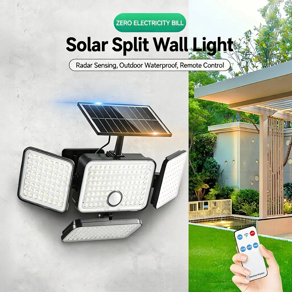 CTM 4-Head Solar Flood Light - LED Outdoor Lamp, 4000mAh Battery, 3500LM Super Bright, IP65 Rated Waterproof, Wireless, 3 Modes, Outdoor Safety Lighting for Backyard, Garden, Decking