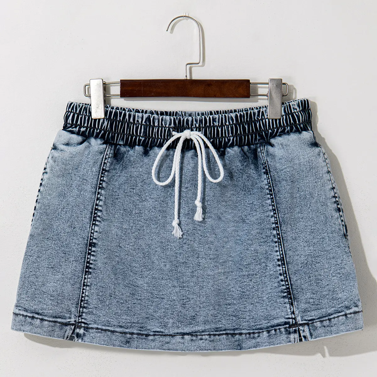 High Waist Denim Skort for Women, Fake Two-Piece Slim Casual Jean Streetwear Design, Above-Knee Drawstring Elastic Side Pockets Summer Style, Effortless Skirt Short Hybrid Silhouette Trending Now, Modern Versatile
