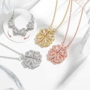 S925 sterling silver 2 in 1 Four Leaf Clover Charm Lucky  magnetic Necklace Heart Zircon Pendant Necklace Gold Link Mother's Day Jewelry Gift