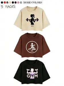 Youthful Cute Women's Short Crop Top 3-Piece Set, Loose Fit Mid-Sleeve Design, Casual & Trendy, Gym Barbell Pattern Letter Print